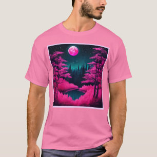 Neon Maanverlichte Bos Fantasie Kunst T-shirt