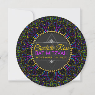 Neon Mandala Super Bat mitzvah Round Invitation