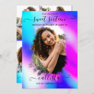 Neon Mermaid Holographic Photo Collage Sweet 16 Kaart