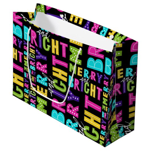 Neon Merry en Bright Large Cadeauzakje (Voorkant Gekanteld)