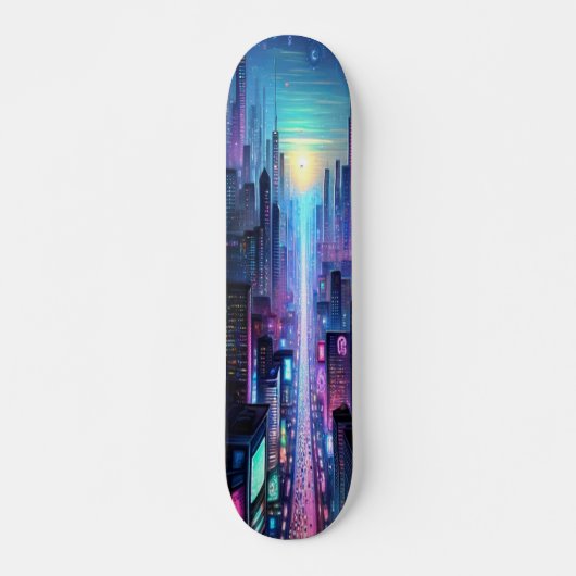 "Neon Metropolis: Cyberpunk Stad Skateboard (Voorkant)