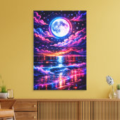 Neon Moonlit Ocean – Cosmic Night Seascape Art Canvas Afdruk (Insitu (Woonkamer))