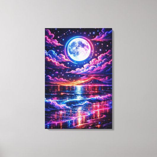 Neon Moonlit Ocean – Cosmic Night Seascape Art Canvas Afdruk (Voorkant)