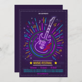Neon muziek achtergrond elektrische gitaar aankond kaart (Voorkant / Achterkant)