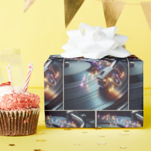 Neon muzieknoten op Platenspeler Cadeaupapier