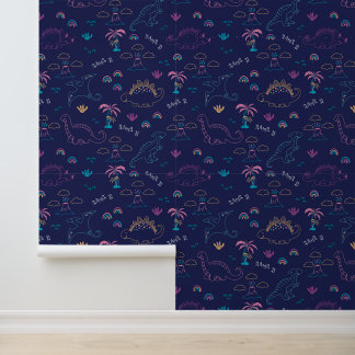 Neon Navy Dinosaur Doodle Behang
