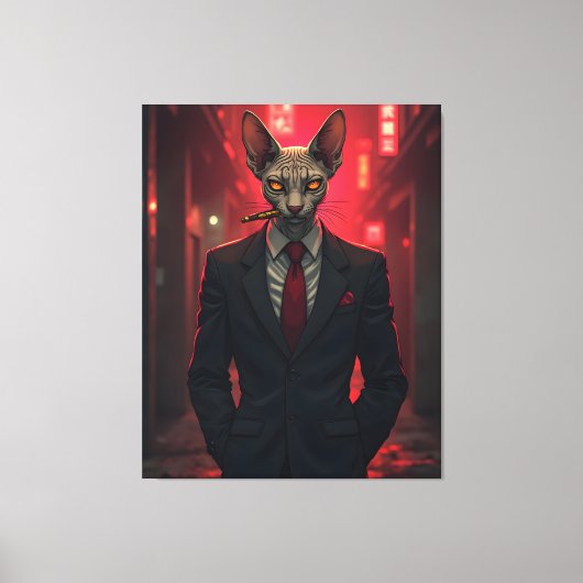 Neon Noir Sphynx Cat in Mafia Style Canvas Afdruk (Voorkant)