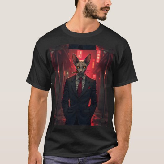 Neon Noir Sphynx Cat in Mafia Style T-shirt (Voorkant)