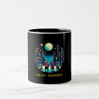 Neon Nomads - Cyberpunk Pixel Art Travel Design Tweekleurige Koffiemok
