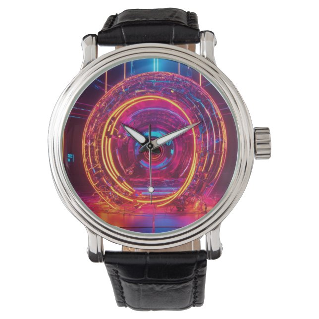 Neon Ocean: 4D Techno Dance Album Kunst in 3D Abst Horloge (Voorkant)