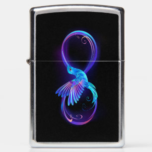 Neon oneindigheidssymbool met gloeiende kolibrie