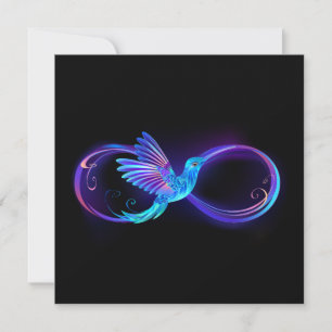 Neon oneindigheidssymbool met gloeiende kolibrie kaart