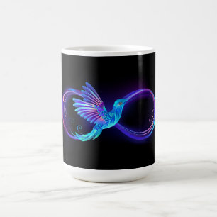 Neon oneindigheidssymbool met gloeiende kolibrie koffiemok