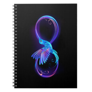 Neon oneindigheidssymbool met gloeiende kolibrie notitieboek