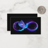 Neon oneindigheidssymbool met gloeiende kolibrie notitiekaartje (Voorkant / Achterkant in situ)