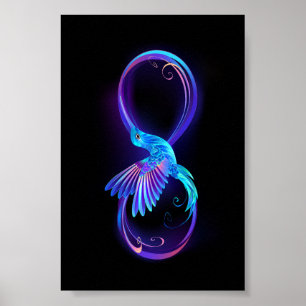 Neon oneindigheidssymbool met gloeiende kolibrie poster