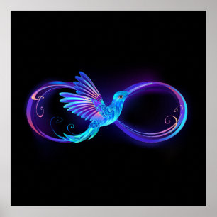 Neon oneindigheidssymbool met gloeiende kolibrie poster