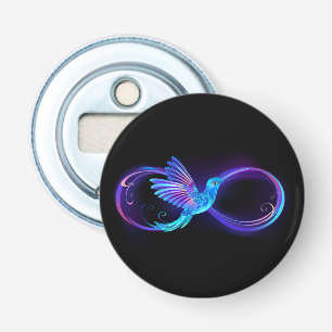 Neon Oneindigheidssymbool met Glowende Kolibrie Button Flesopener