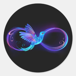Neon Oneindigheidssymbool met Glowende Kolibrie Ronde Sticker