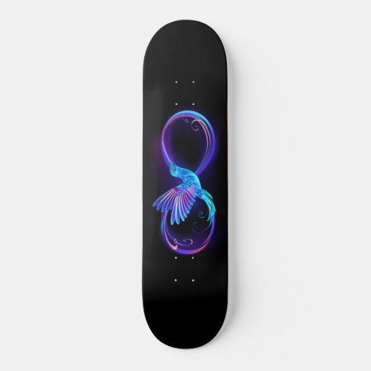 Neon Oneindigheidssymbool met Glowende Kolibrie Skateboard (Voorkant)