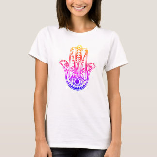 Neon ontwerp Hamsa Hand op vrouwen T-shirt. T-shirt