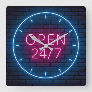 Neon Open Sign Square Wall klok