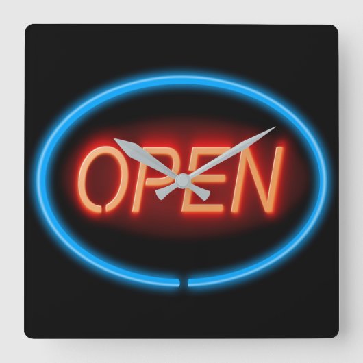 Neon open teken. vierkante klok (Voorkant)