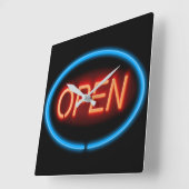 Neon open teken. vierkante klok (Hoek)