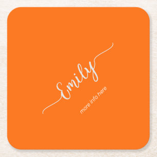 neon oranje elegant script vierkante kartonnen onderzetter