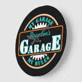 Neon Oranje Turquoise Blue Garage Text op Black Grote Klok (Hoek)