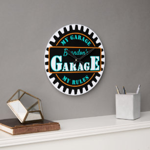 Neon Oranje Turquoise Blue Garage Text op Black Grote Klok