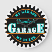 Neon Oranje Turquoise Blue Garage Text op Black Grote Klok (Voorkant)