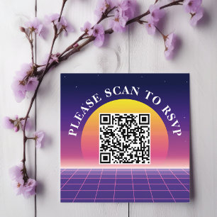 Neon Paars Retro 80s Sunset Wedding Scan to RSVP Vierkante Visitekaartje