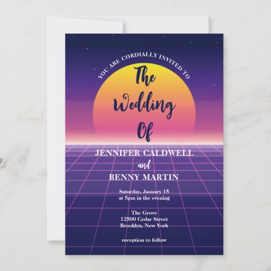 Neon Paars Retro 80s Synthwave Sunset Wedding Kaart (Voorkant)