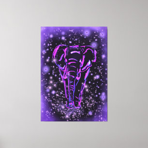 Neon Paars roze olifant loopt op Sterrennacht  Canvas Afdruk