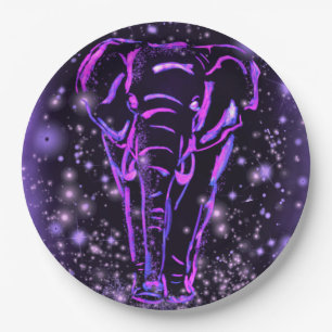 Neon Paars roze olifant loopt op Sterrennacht  Papieren Bordje