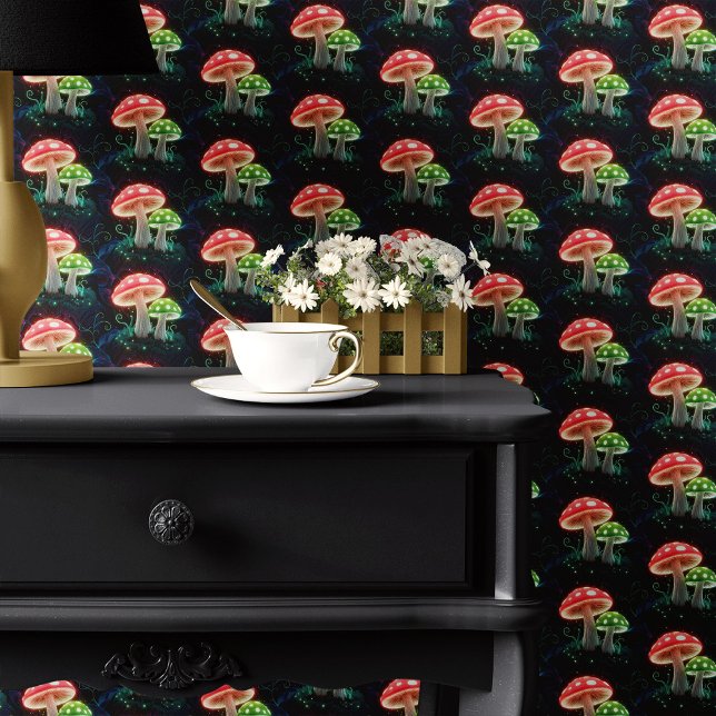 Neon paddenstoelen op zwart behang (Creator heeft geüpload)
