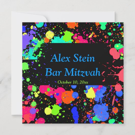 Neon Paint Splatter, Bar / Bat Mitzvah Uitnodiging (Voorkant)