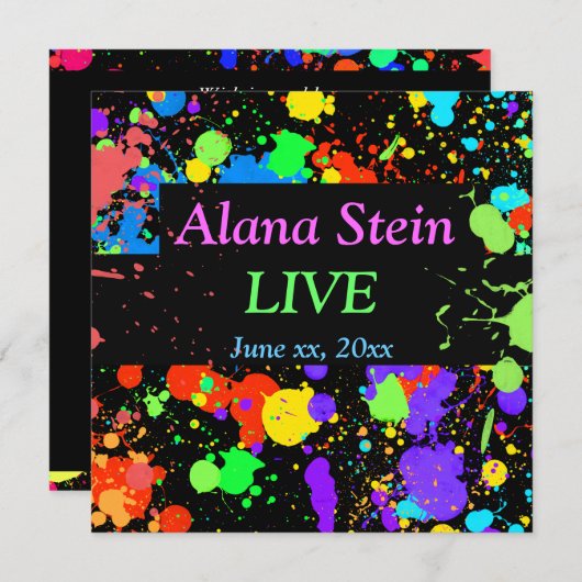 Neon Paint Splatter, Bar / Bat Mitzvah Uitnodiging (Voorkant / Achterkant)