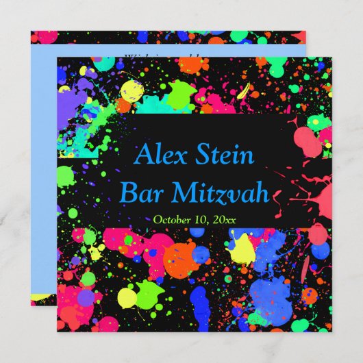 Neon Paint Splatter, Bar / Invitation Bat mitzvah (Devant / Derrière)