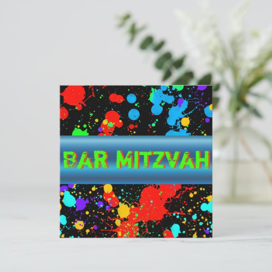 Neon Paint Splatter, Bar Mitswa uitnodiging (Staand voorkant)