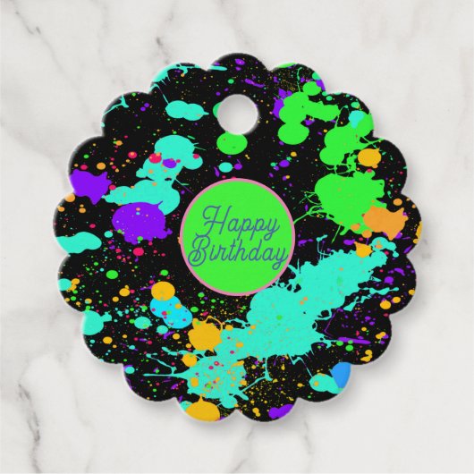 Neon Paint Splatter Happy Birthday Bedankjes Labels (Voorkant)