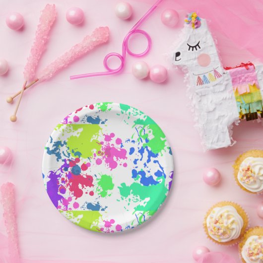 Neon Paint Splatter, Papieren Bordje (Feest)