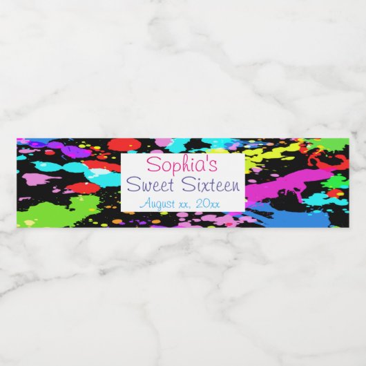 , Neon Paint Splatter, Sweet Sixteen, Aangepast Waterfles Etiket (Enkel label)