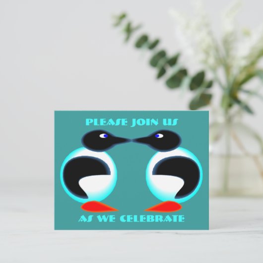 NEON PAIR PENGUINS JUBILEUM ARTIJ INVITATIE KAART (Staand voorkant)