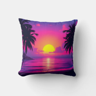 Neon Palm Zonsondergang en Blauwe Gloei Oase Kusse Kussen