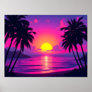 Neon Palm Zonsondergang – Vaporwave Tropische Esth Poster