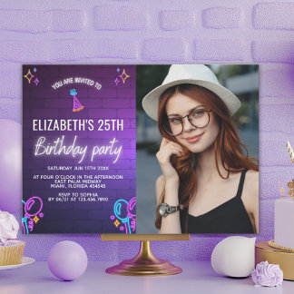 Neon Party Birthday Invitation Photo Design Kaart