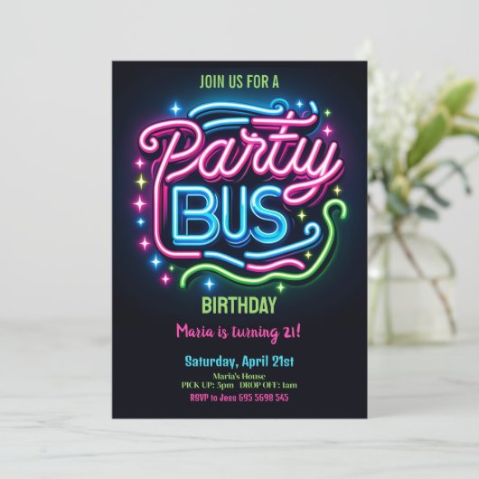 Neon Party Bus 21e Verjaardag Uitnodiging (Staand voorkant)