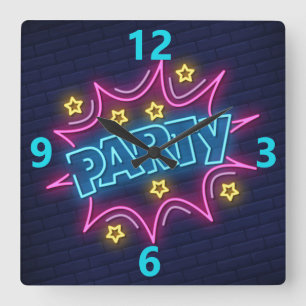 Neon Party Sign Square Wall klok